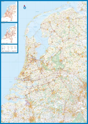 Gedetailleerde wegenkaart van Nederland met snelwegen, hoofdwegen, steden, knooppunten en legenda.